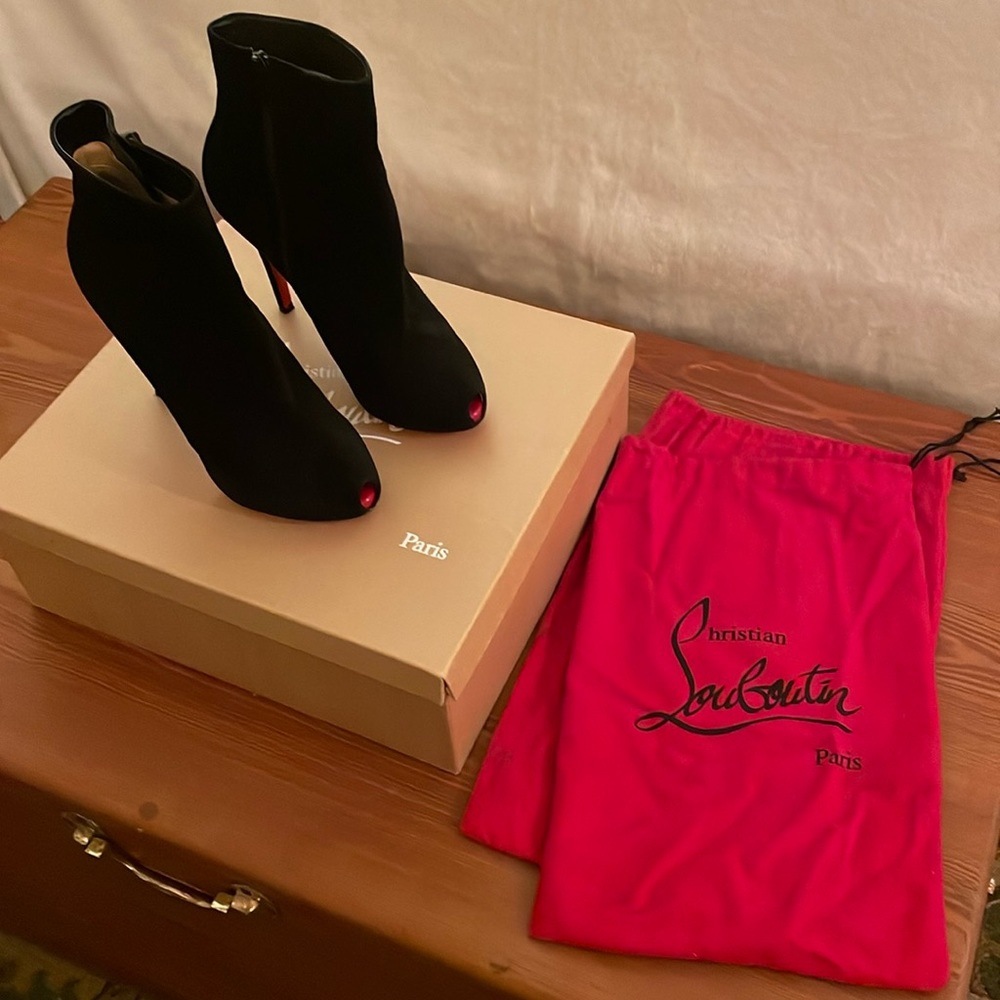 Christian Louboutin high heel peep, toe booties box and dust bags heel taps